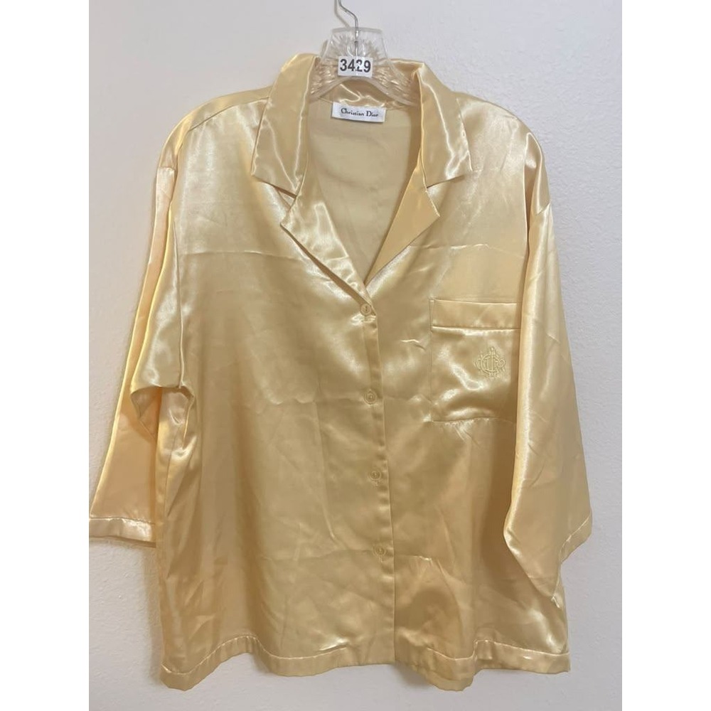 Christian Dior Vintage Satin Pajama Top Yellow Embroidered Logo Button Down